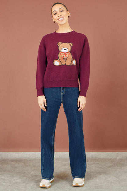 Yumi Women’s Burgundy Embroidered Teddy Bear Relaxed Crew Neck Knit Jumper