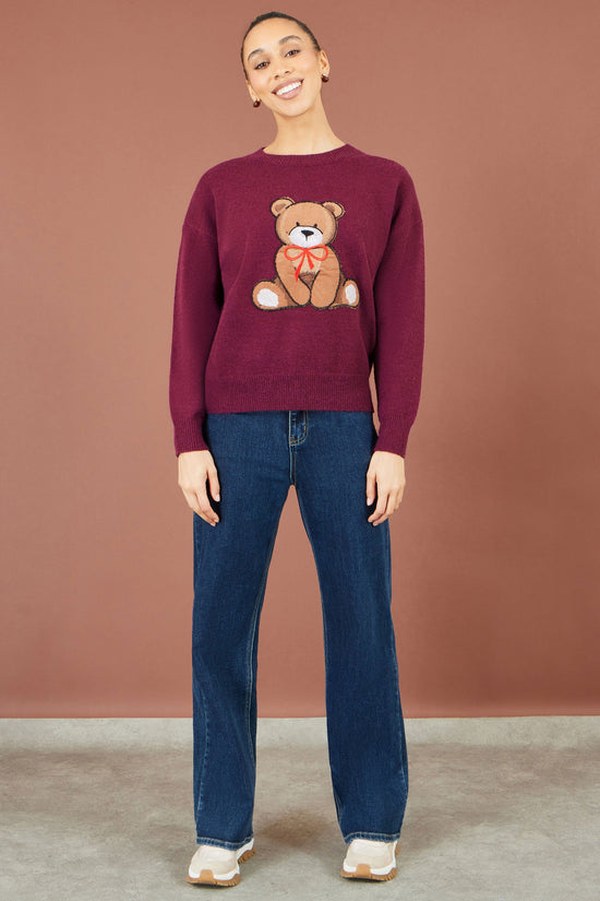 Yumi Women’s Burgundy Embroidered Teddy Bear Relaxed Crew Neck Knit Jumper