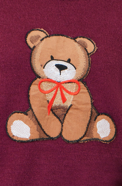 Yumi Women’s Burgundy Embroidered Teddy Bear Relaxed Crew Neck Knit Jumper