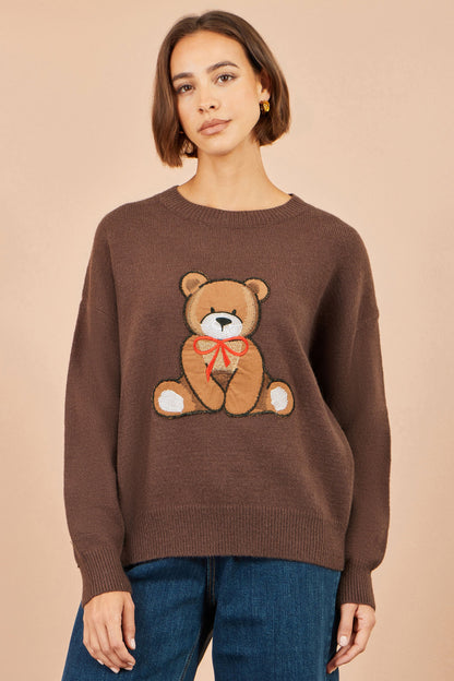 Yumi Women’s Brown Embroidered Teddy Bear Relaxed Crew Neck Knit Jumper