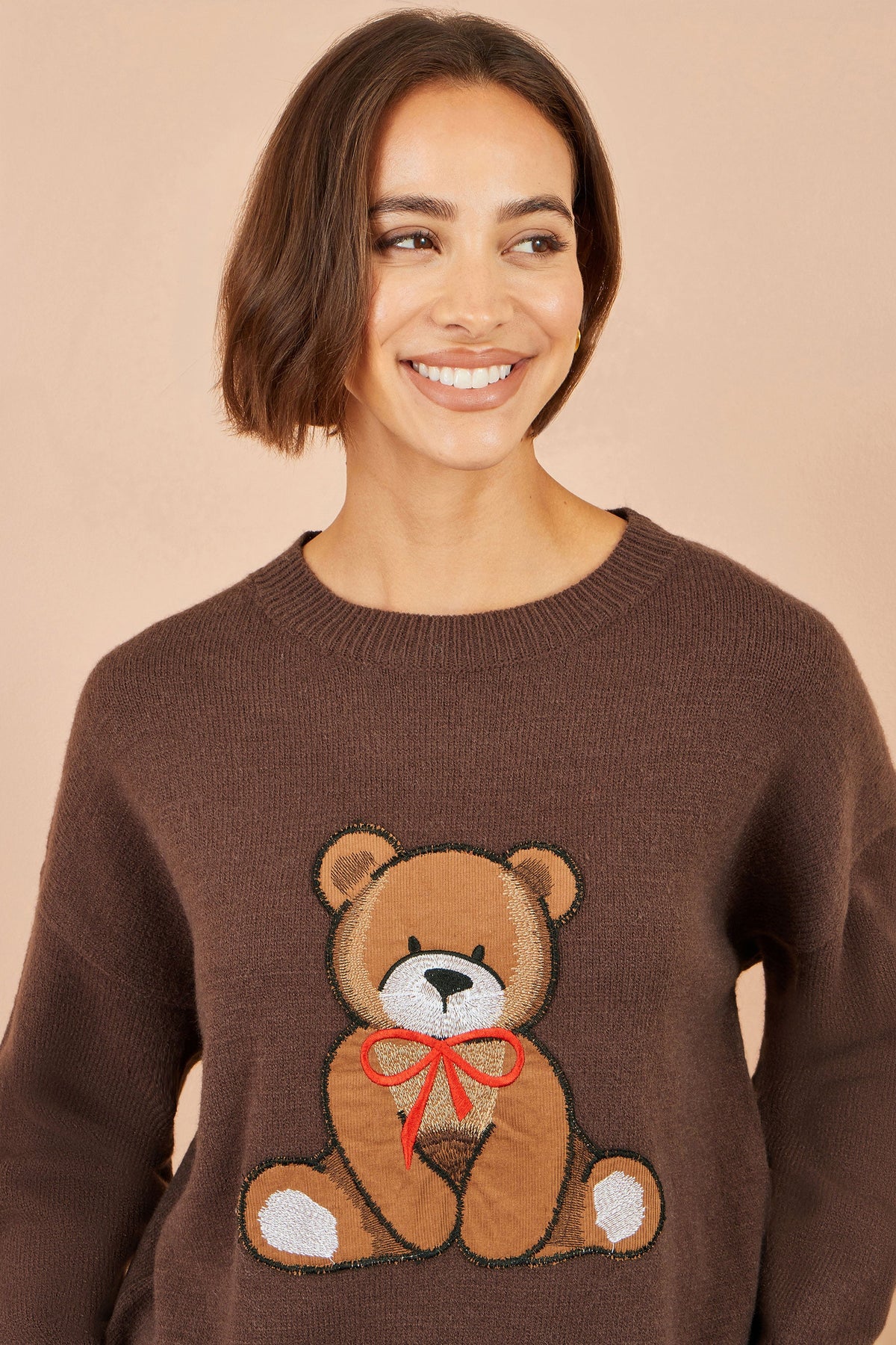 Yumi Women’s Brown Embroidered Teddy Bear Relaxed Crew Neck Knit Jumper