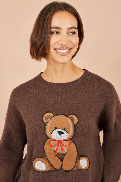 Yumi Women’s Brown Embroidered Teddy Bear Relaxed Crew Neck Knit Jumper