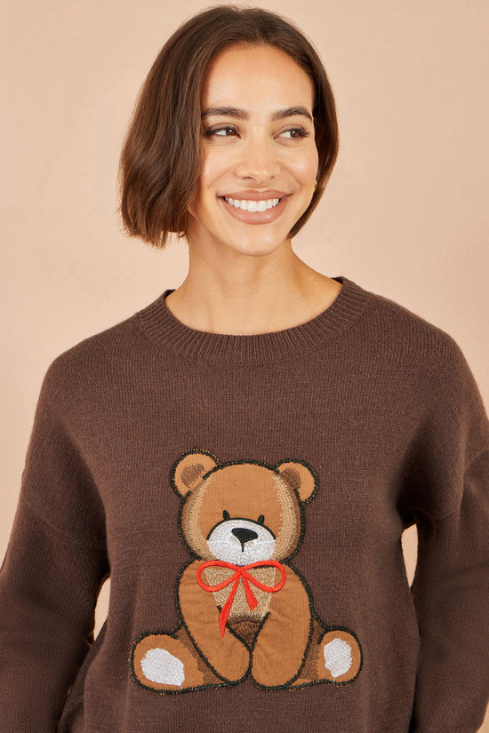 Yumi Women’s Brown Embroidered Teddy Bear Relaxed Crew Neck Knit Jumper