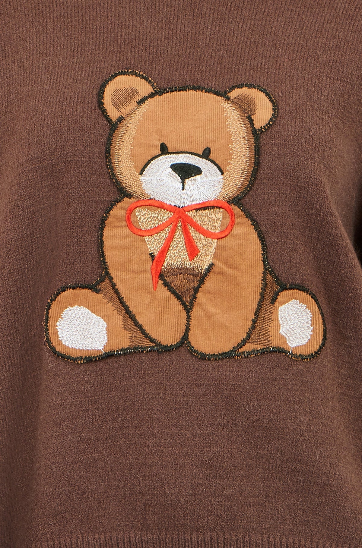Yumi Women’s Brown Embroidered Teddy Bear Relaxed Crew Neck Knit Jumper