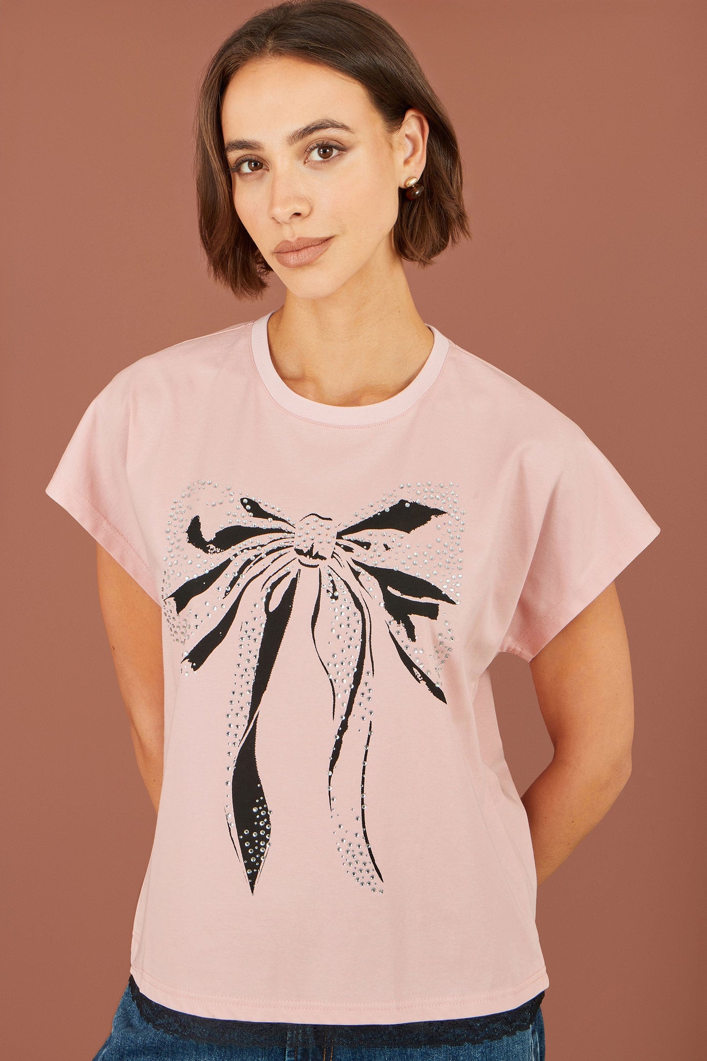 Yumi Women's Blush Pink Bow Print Stud Embellished Cotton T-Shirt Sizes 8–18