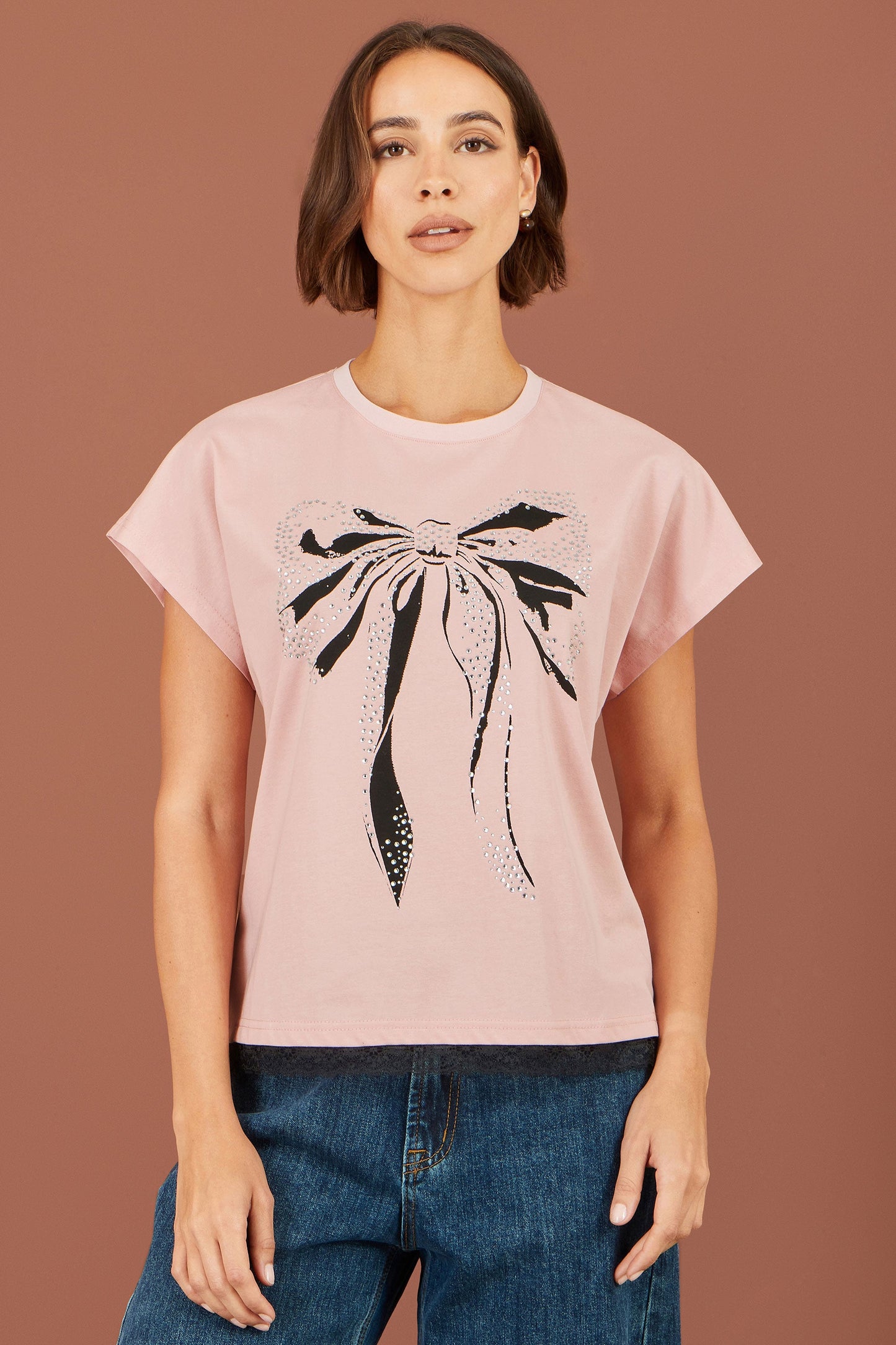 Yumi Women's Blush Pink Bow Print Stud Embellished Cotton T-Shirt Sizes 8–18