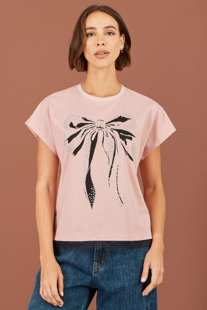 Yumi Women's Blush Pink Bow Print Stud Embellished Cotton T-Shirt Sizes 8–18