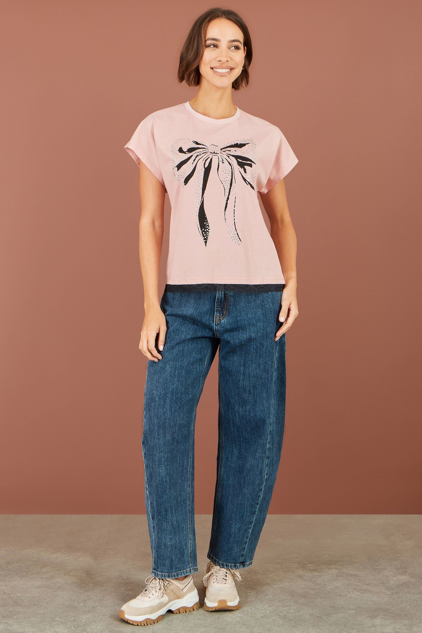 Yumi Women's Blush Pink Bow Print Stud Embellished Cotton T-Shirt Sizes 8–18