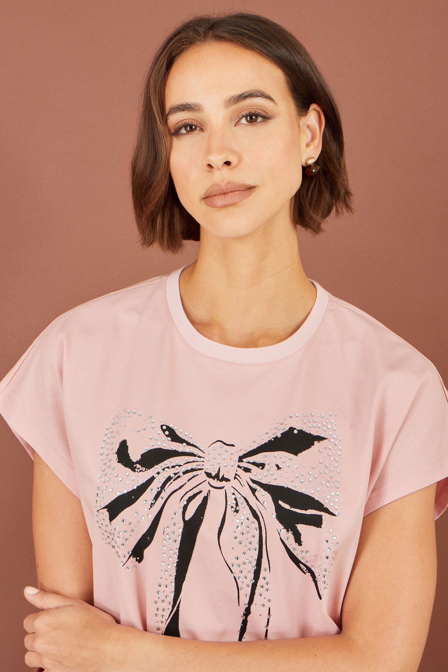 Yumi Women's Blush Pink Bow Print Stud Embellished Cotton T-Shirt Sizes 8–18