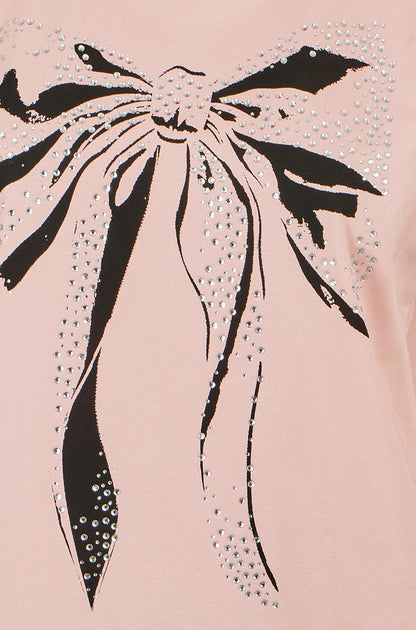 Yumi Women's Blush Pink Bow Print Stud Embellished Cotton T-Shirt Sizes 8–18