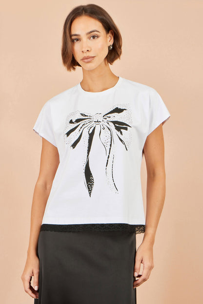 Yumi Women's White Bow Print Stud Embellished Cotton T-Shirt Sizes 8–18