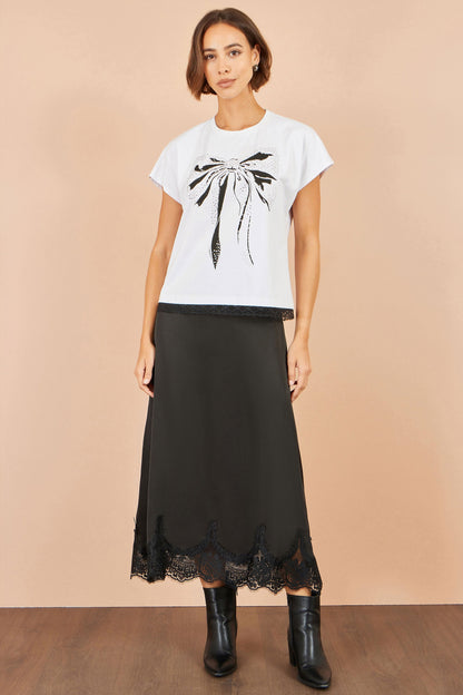 Yumi Women's White Bow Print Stud Embellished Cotton T-Shirt Sizes 8–18