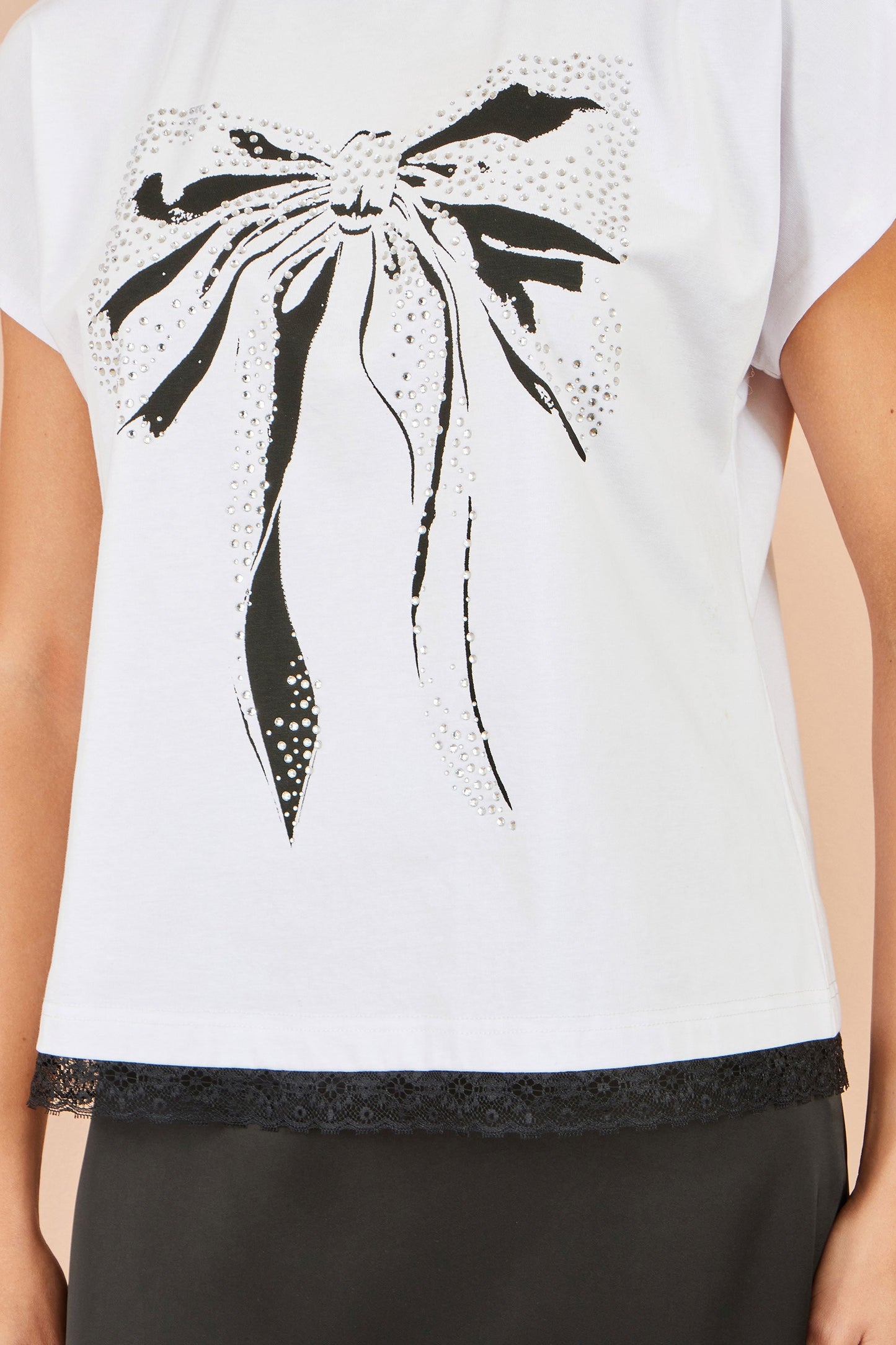 Yumi Women's White Bow Print Stud Embellished Cotton T-Shirt Sizes 8–18