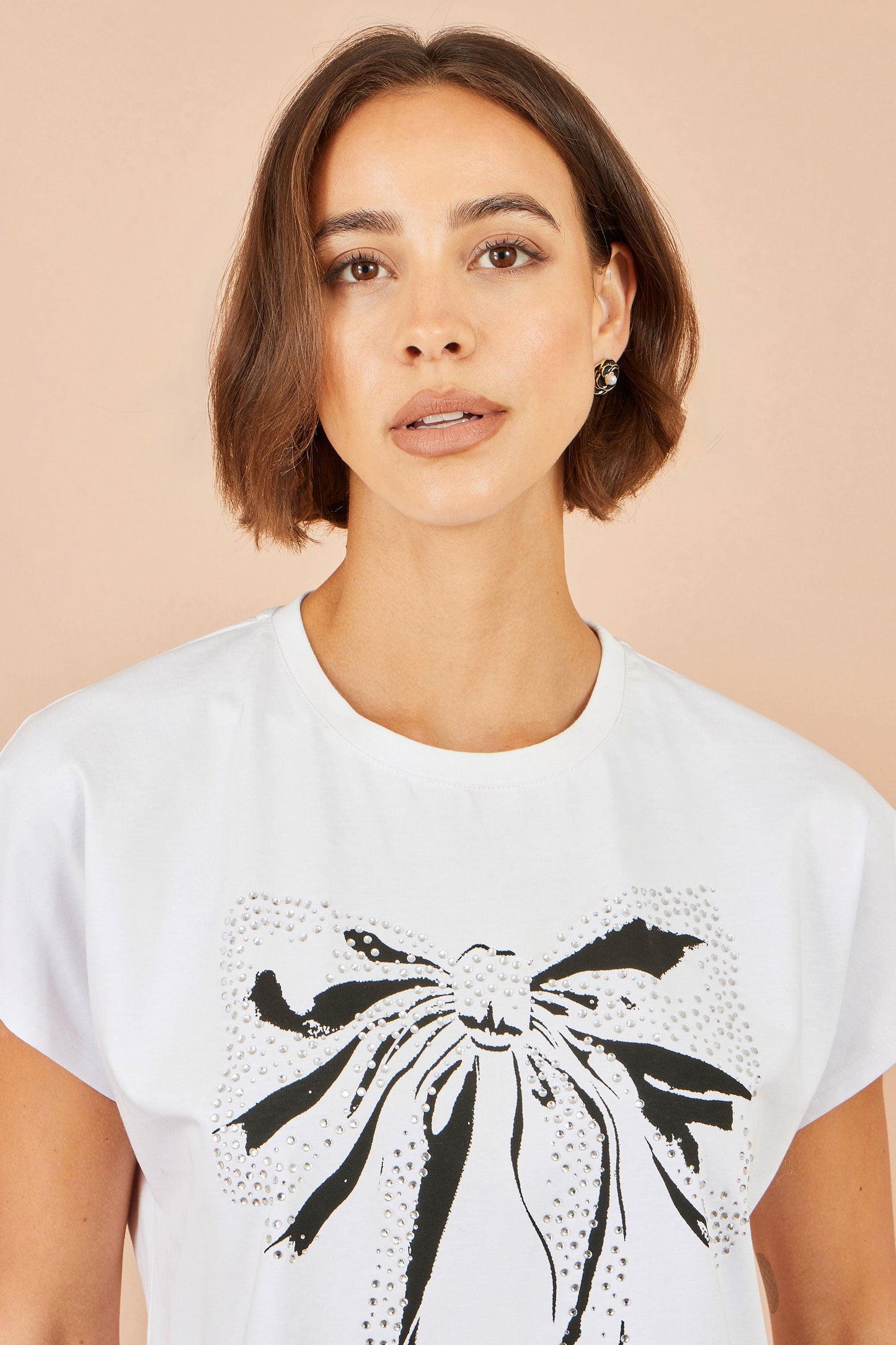 Yumi Women's White Bow Print Stud Embellished Cotton T-Shirt Sizes 8–18