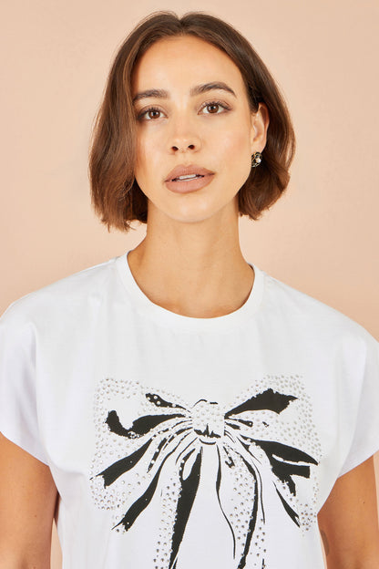 Yumi Women's White Bow Print Stud Embellished Cotton T-Shirt Sizes 8–18