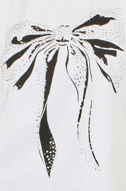 Yumi Women's White Bow Print Stud Embellished Cotton T-Shirt Sizes 8–18