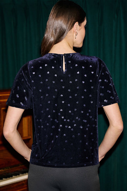 Yumi Women’s Navy Velvet Flocked Heart Short Sleeve Top with Diamante Bows