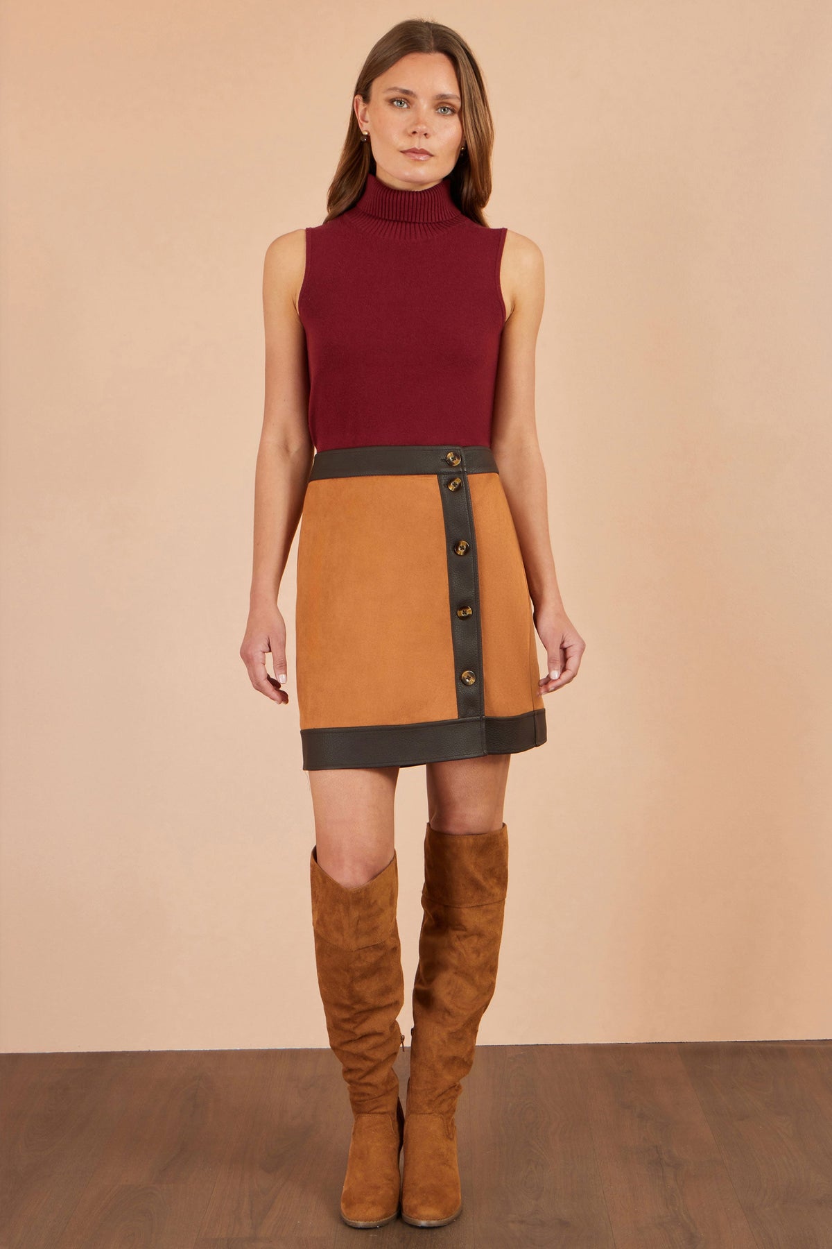 Yumi Women’s Brown Faux Suede Wrap-Effect Mini Skirt