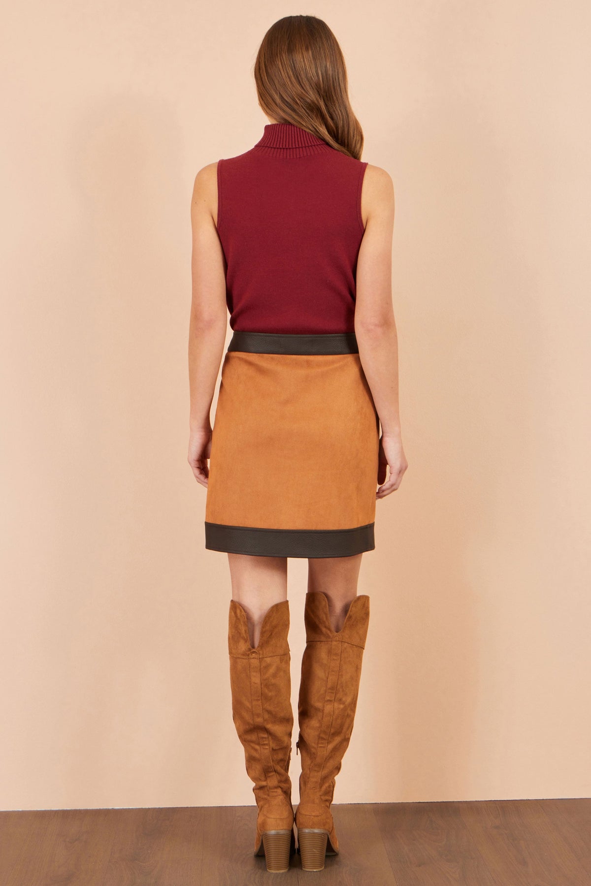Yumi Women’s Brown Faux Suede Wrap-Effect Mini Skirt