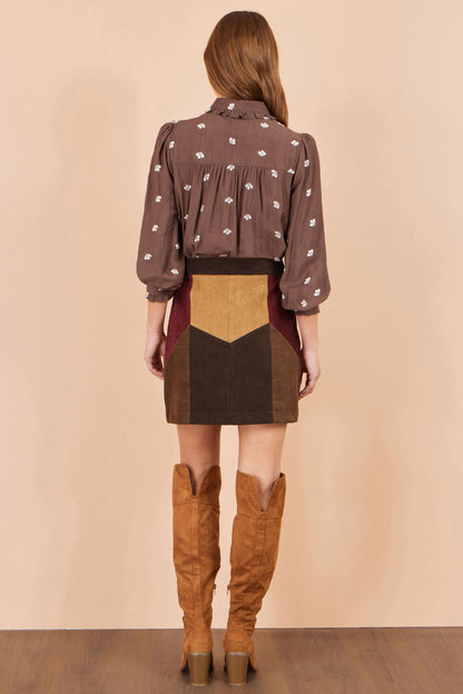 Yumi Women's Multicolour Patchwork Corduroy Mini Skirt with Button Front