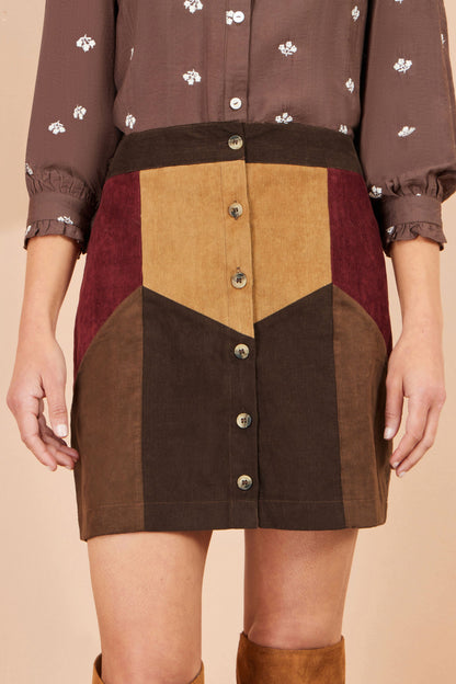 Yumi Women's Multicolour Patchwork Corduroy Mini Skirt with Button Front