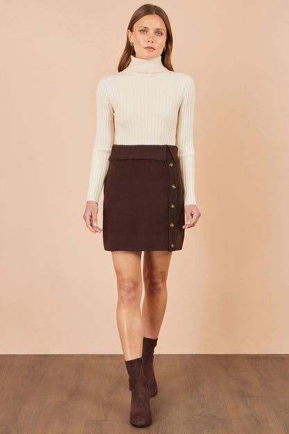 Yumi Women's Brown A-Line Wrap Front Button Detail Knit Mini Skirt