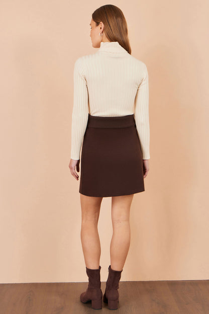Yumi Women's Brown A-Line Wrap Front Button Detail Knit Mini Skirt