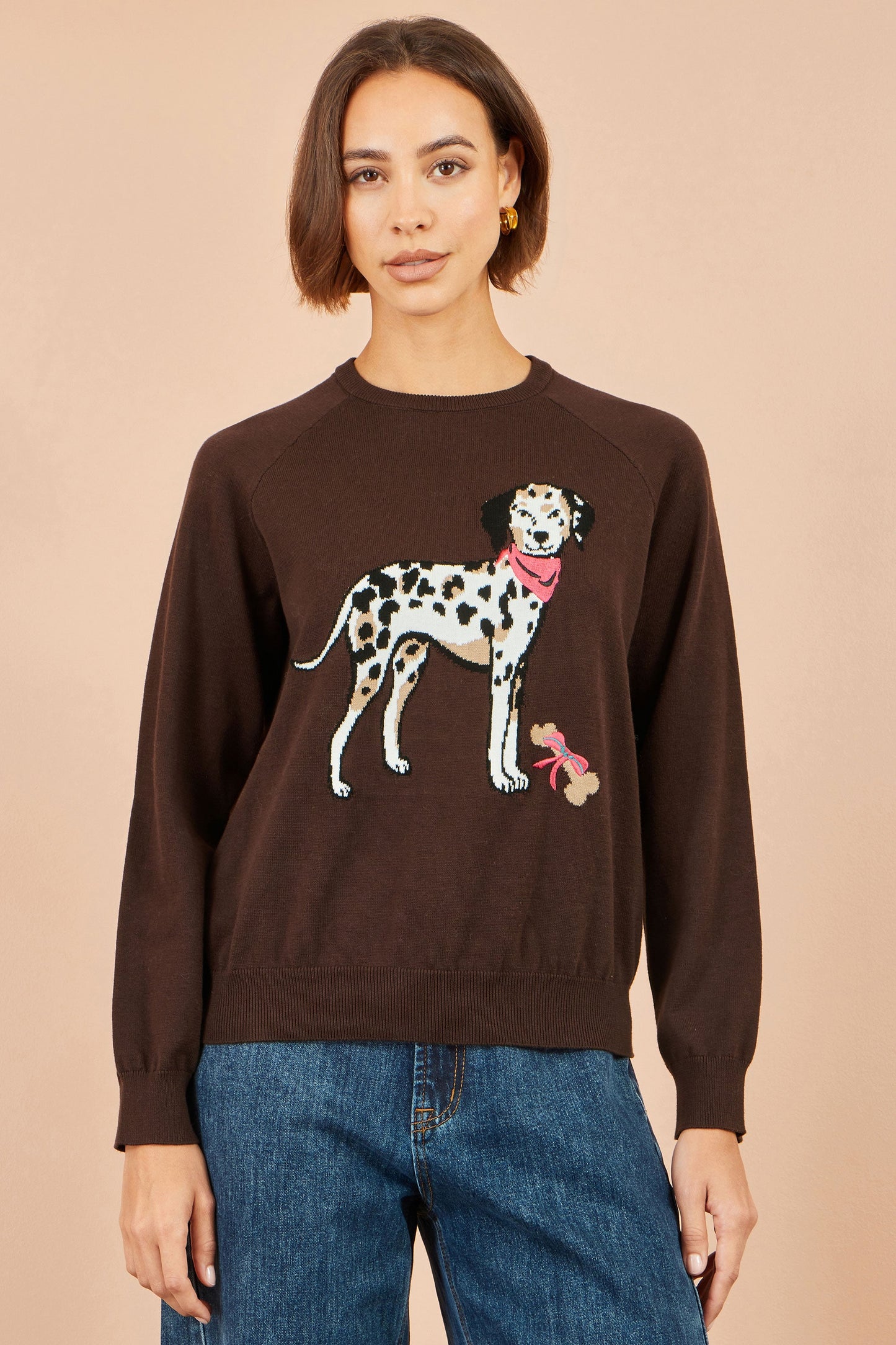 Yumi Women's Brown Dalmatian Intarsia Relaxed Knit Jumper Sizes S–L
