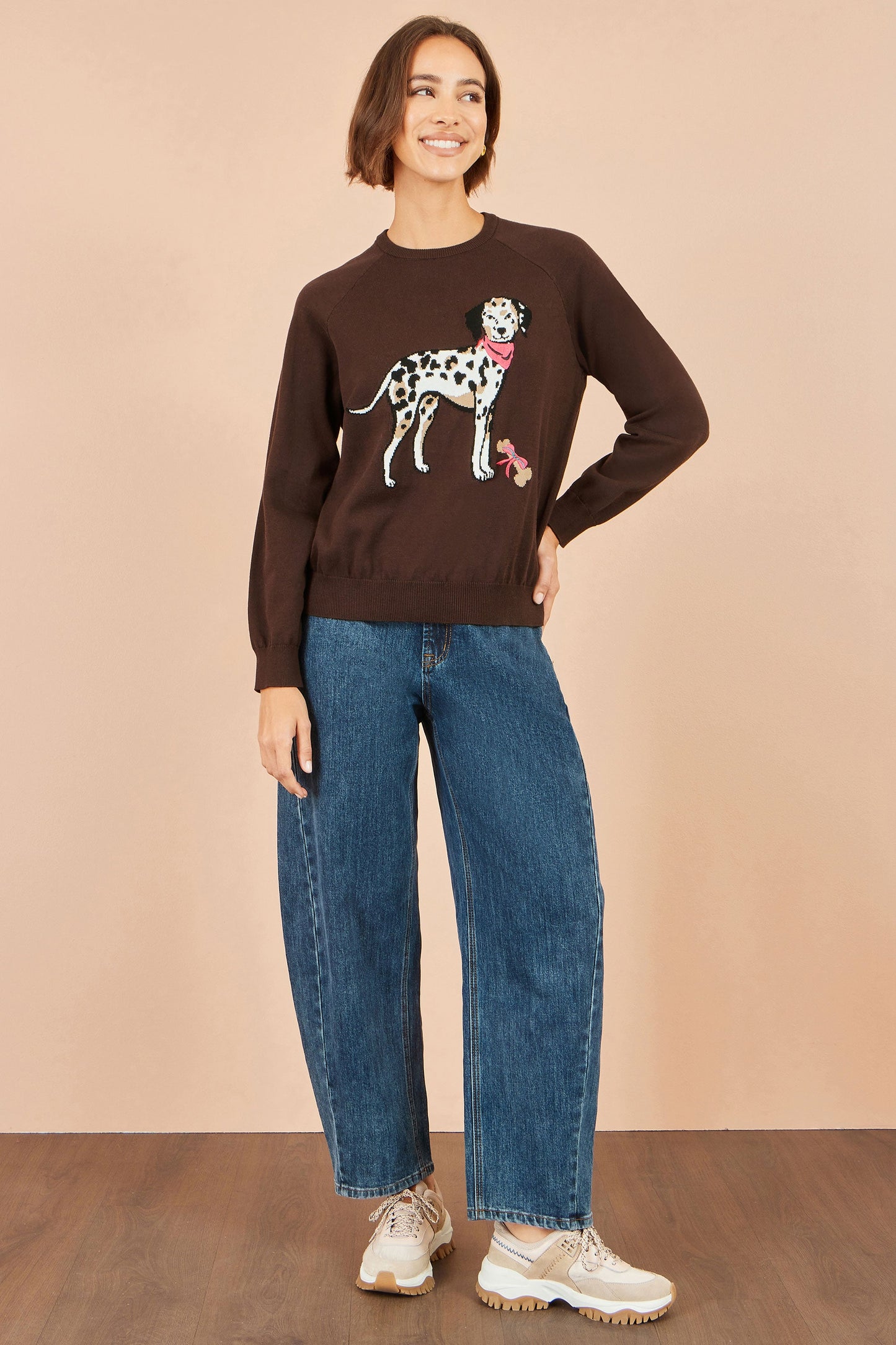 Yumi Women's Brown Dalmatian Intarsia Relaxed Knit Jumper Sizes S–L