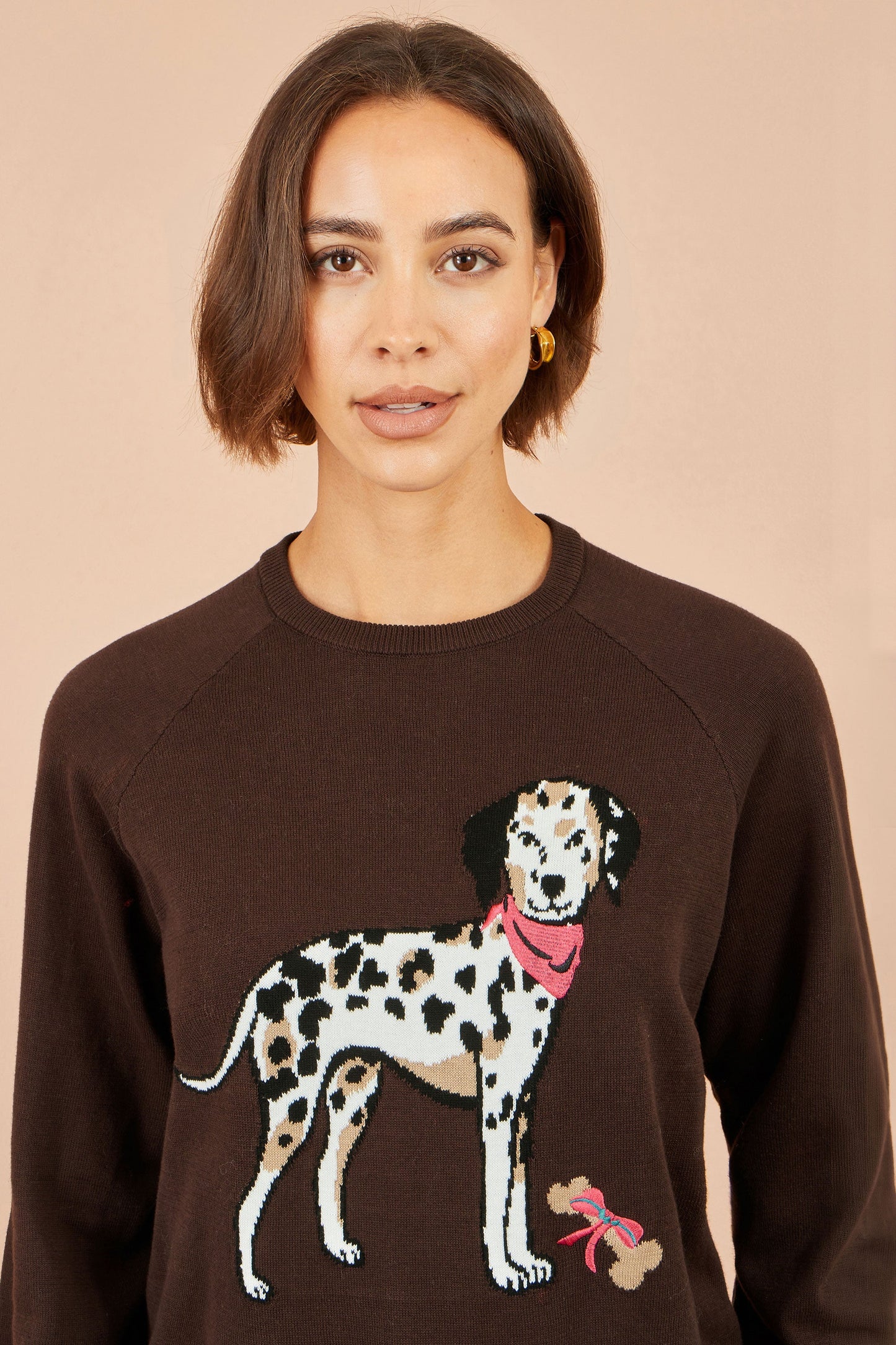 Yumi Women's Brown Dalmatian Intarsia Relaxed Knit Jumper Sizes S–L
