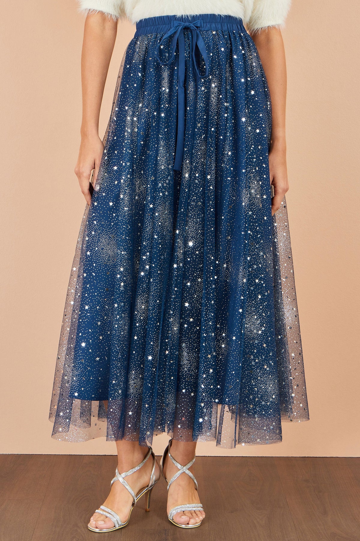 Yumi Women's Navy Star Sparkle Tulle Maxi Skirt with Elasticated Waistband