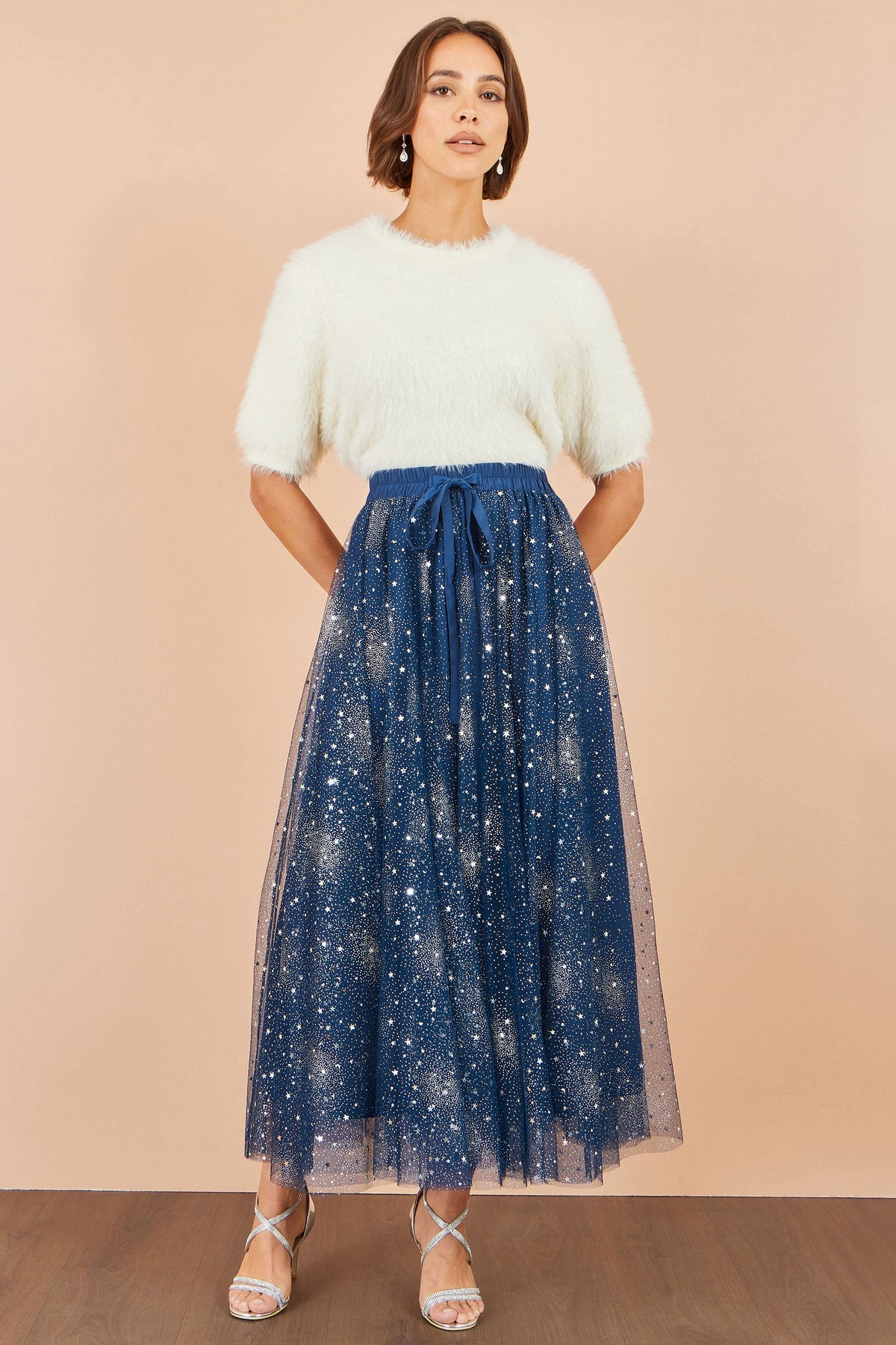 Yumi Women's Navy Star Sparkle Tulle Maxi Skirt with Elasticated Waistband