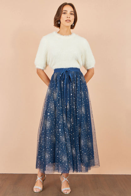 Yumi Women's Navy Star Sparkle Tulle Maxi Skirt with Elasticated Waistband