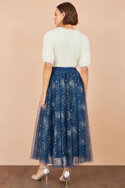 Yumi Women's Navy Star Sparkle Tulle Maxi Skirt with Elasticated Waistband