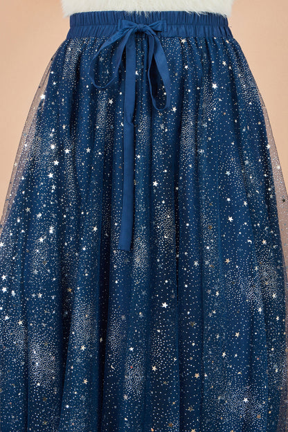 Yumi Women's Navy Star Sparkle Tulle Maxi Skirt with Elasticated Waistband