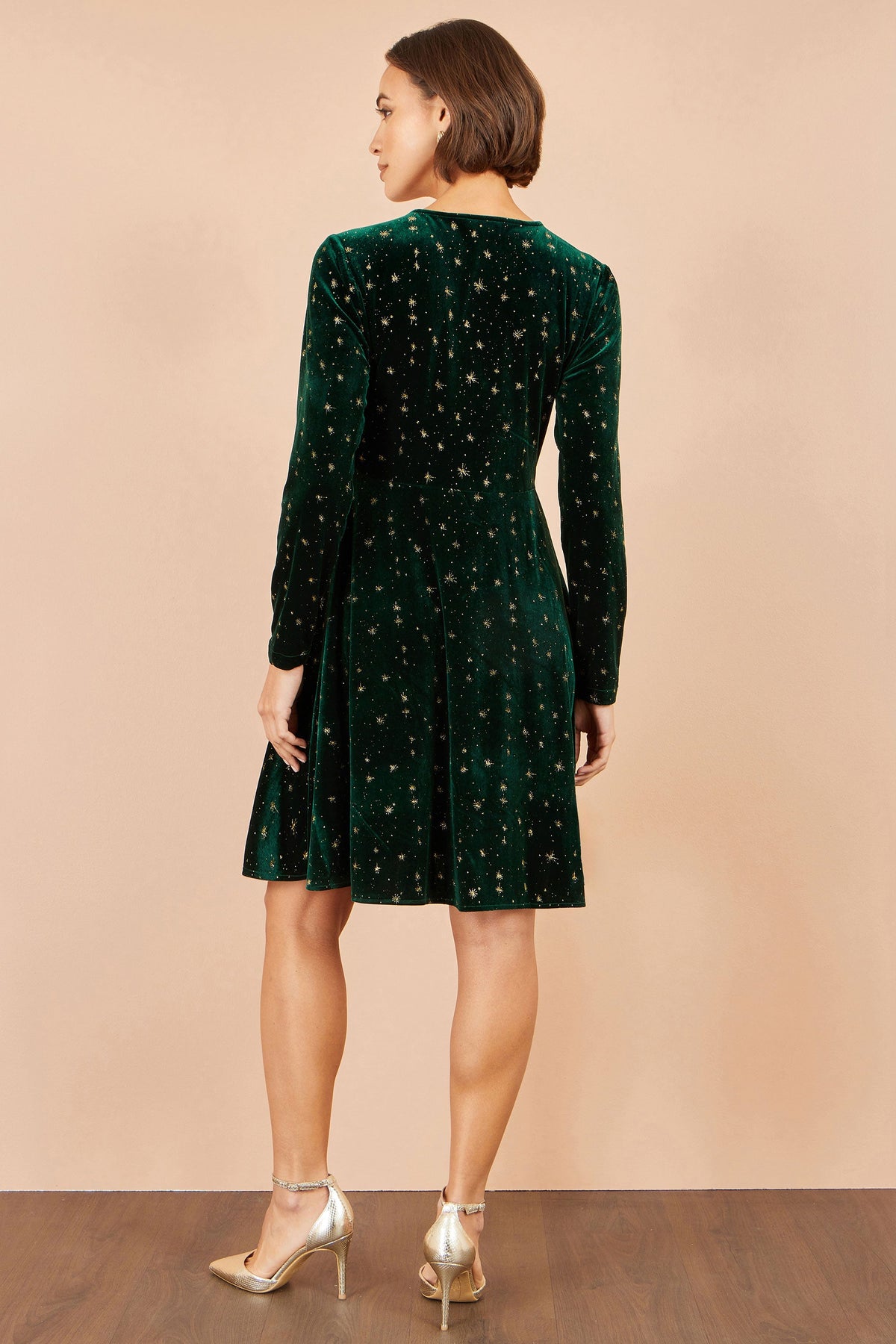 Yumi Women's Green Velvet V-Neck Skater Dress with Metallic Star Print
