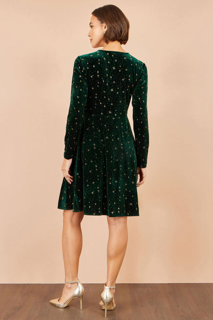 Yumi Women's Green Velvet V-Neck Skater Dress with Metallic Star Print