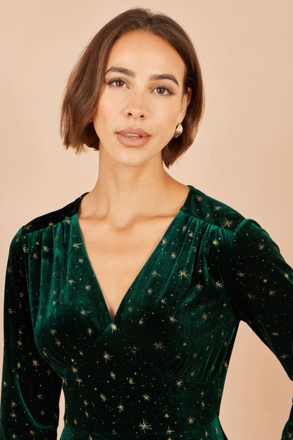 Yumi Women's Green Velvet V-Neck Skater Dress with Metallic Star Print