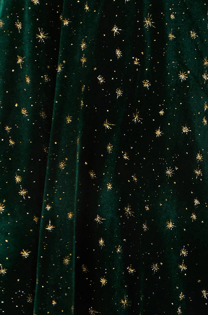 Yumi Women's Green Velvet V-Neck Skater Dress with Metallic Star Print