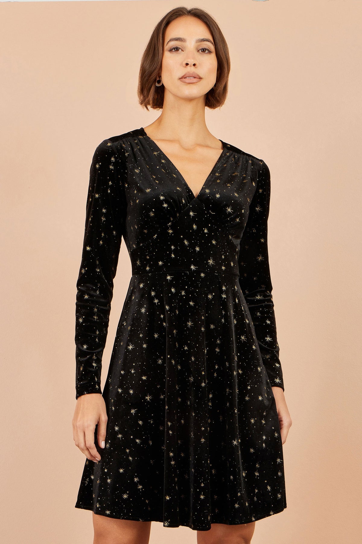 Yumi Women's Black Velvet Skater Dress with Shimmering Foil Star Print