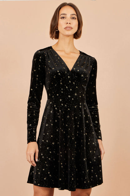 Yumi Women's Black Velvet Skater Dress with Shimmering Foil Star Print