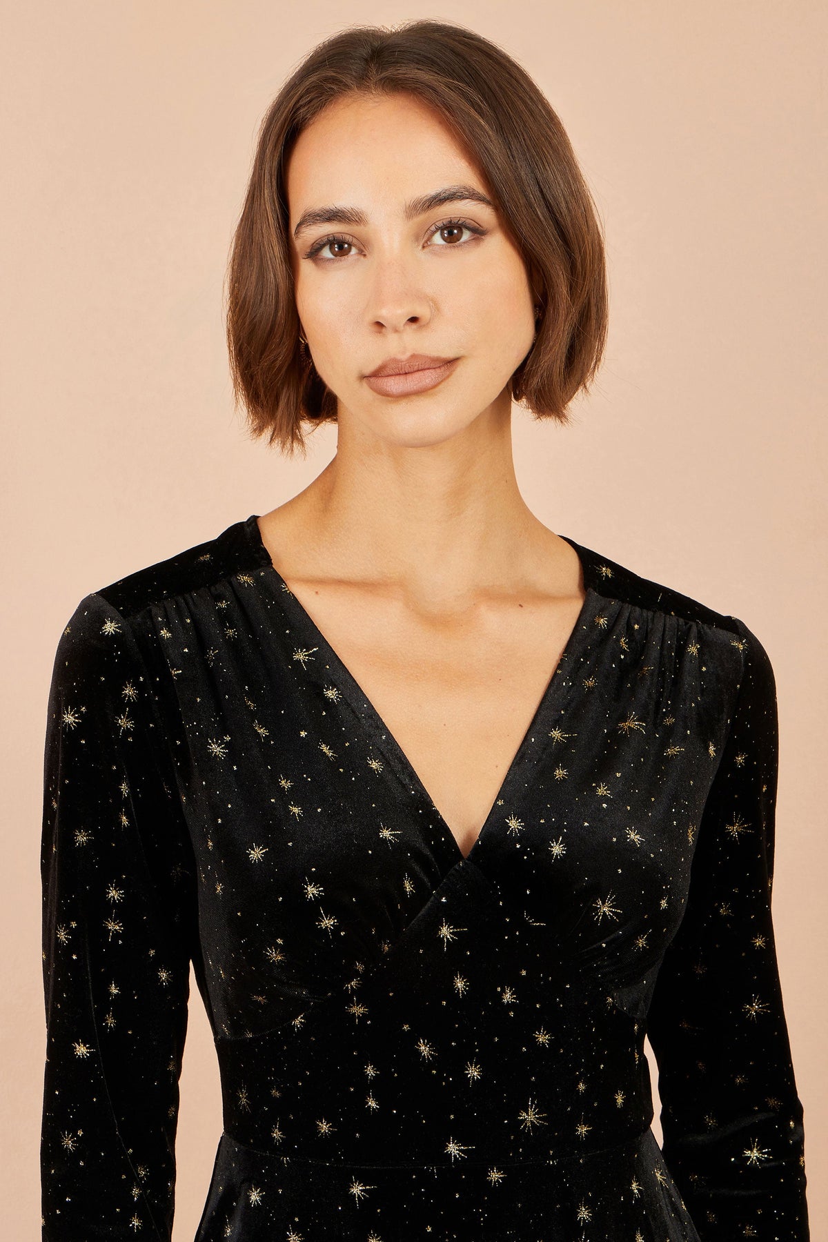 Yumi Women's Black Velvet Skater Dress with Shimmering Foil Star Print