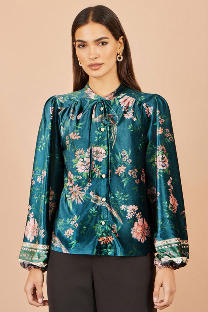 Yumi Women's Green Floral Velvet Tie-Neck Blouse with Pearl-Effect Buttons