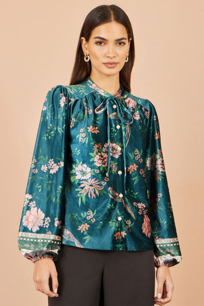 Yumi Women's Green Floral Velvet Tie-Neck Blouse with Pearl-Effect Buttons
