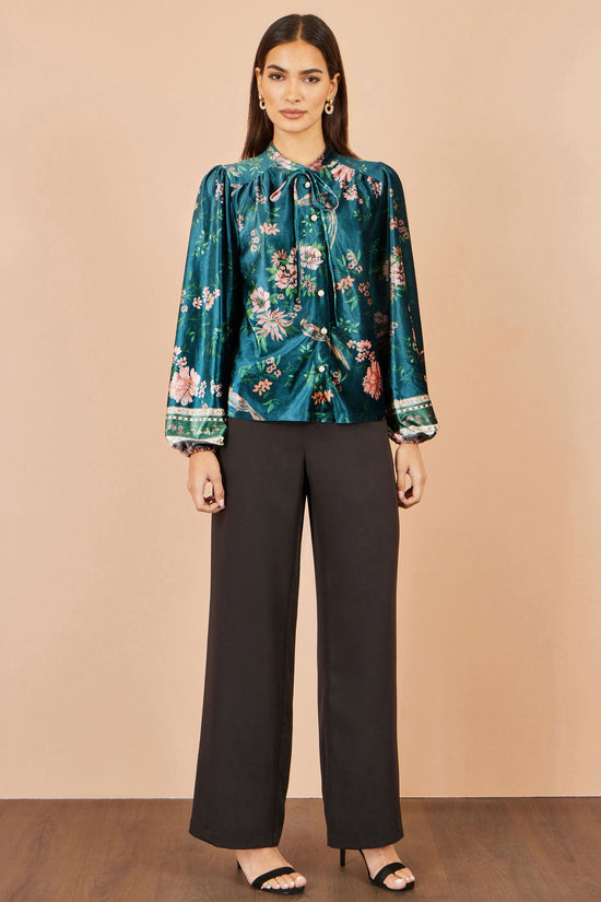 Yumi Women's Green Floral Velvet Tie-Neck Blouse with Pearl-Effect Buttons