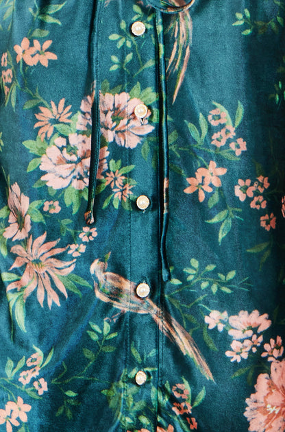 Yumi Women's Green Floral Velvet Tie-Neck Blouse with Pearl-Effect Buttons