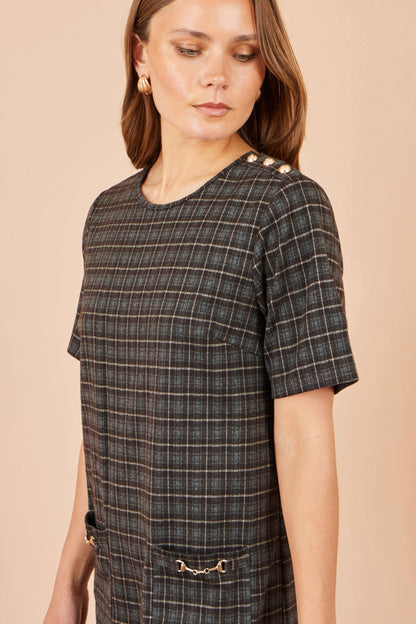 Yumi Women's Brown Check Short Sleeve Shift Dress with Gold Pocket Trim