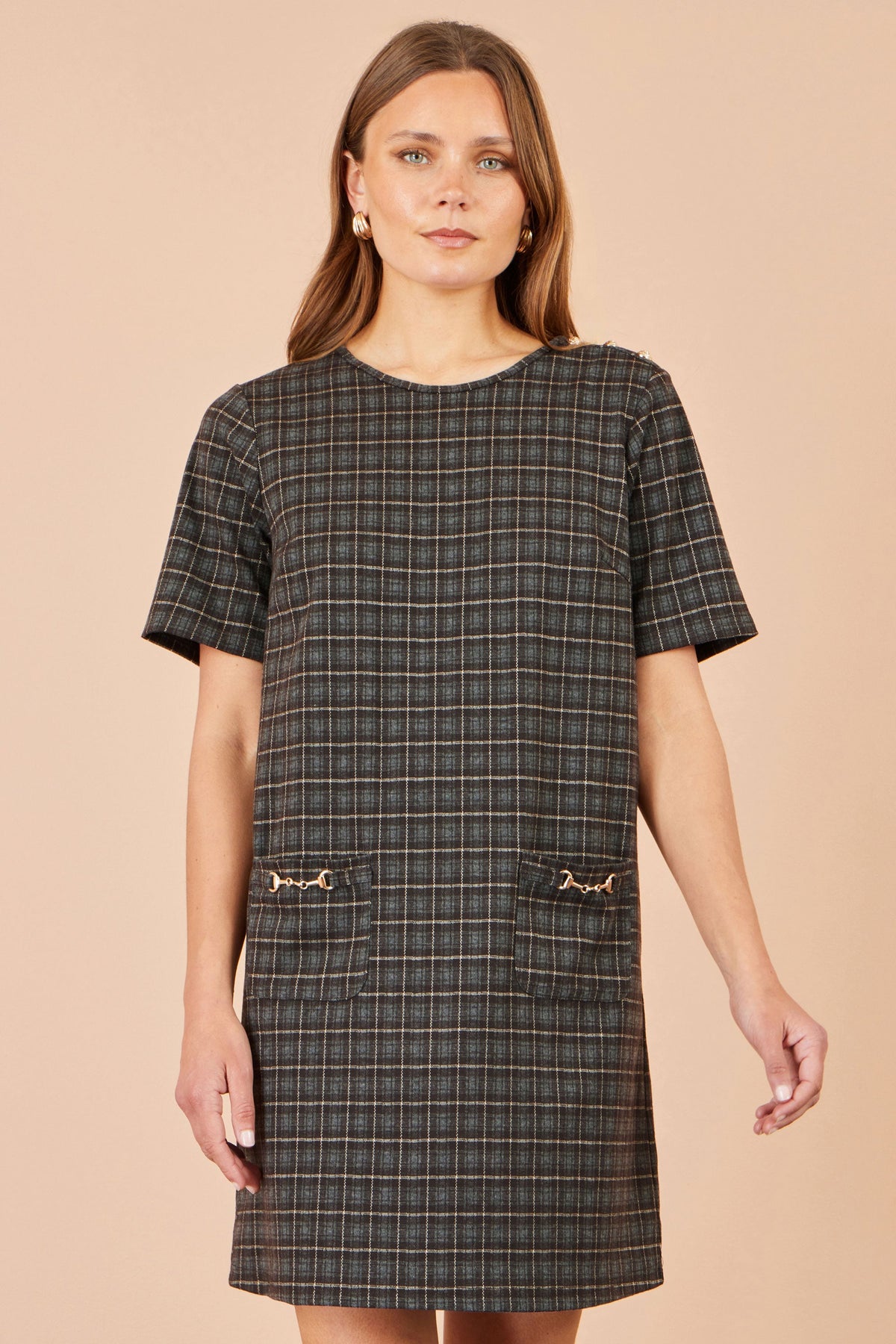 Yumi Women's Brown Check Short Sleeve Shift Dress with Gold Pocket Trim