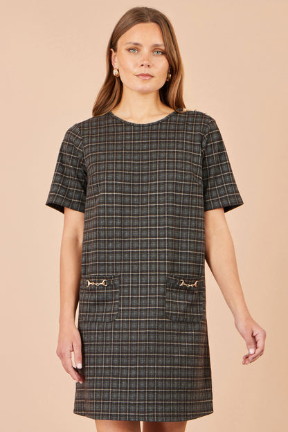 Yumi Women's Brown Check Short Sleeve Shift Dress with Gold Pocket Trim