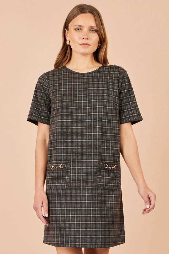Yumi Women's Brown Check Short Sleeve Shift Dress with Gold Pocket Trim